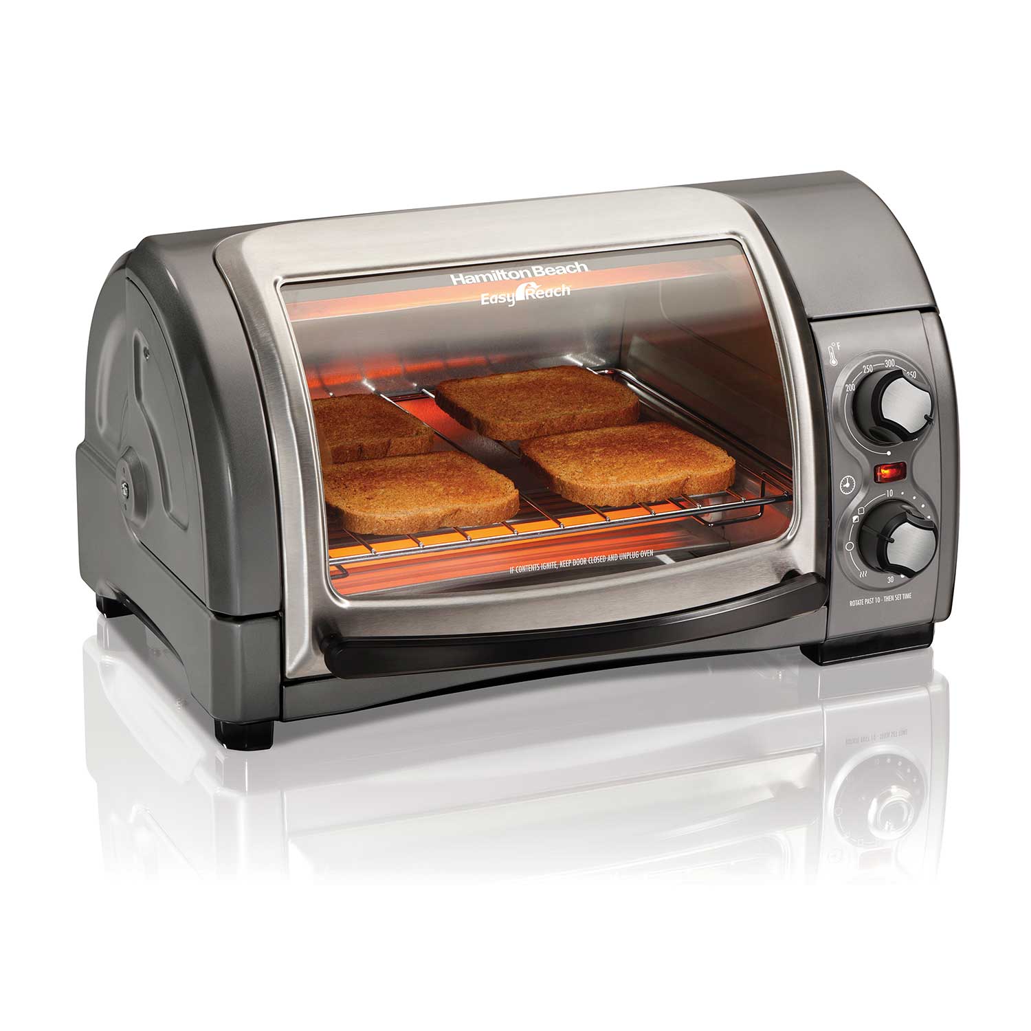 Hamilton Beach Easy Reach 4-slice toaster oven model 31334D with a roll-top glass door and two manual control dials