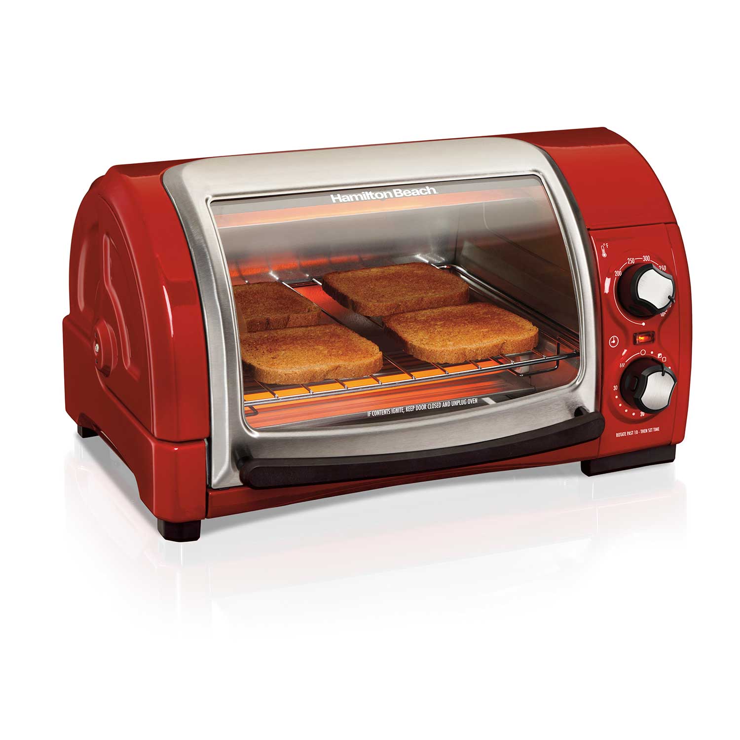 Red and silver Hamilton Beach Easy Reach Toaster Oven with Roll-Top Door, exact model 31337D, with four slices of toast staged inside; image provenance undisclosed.