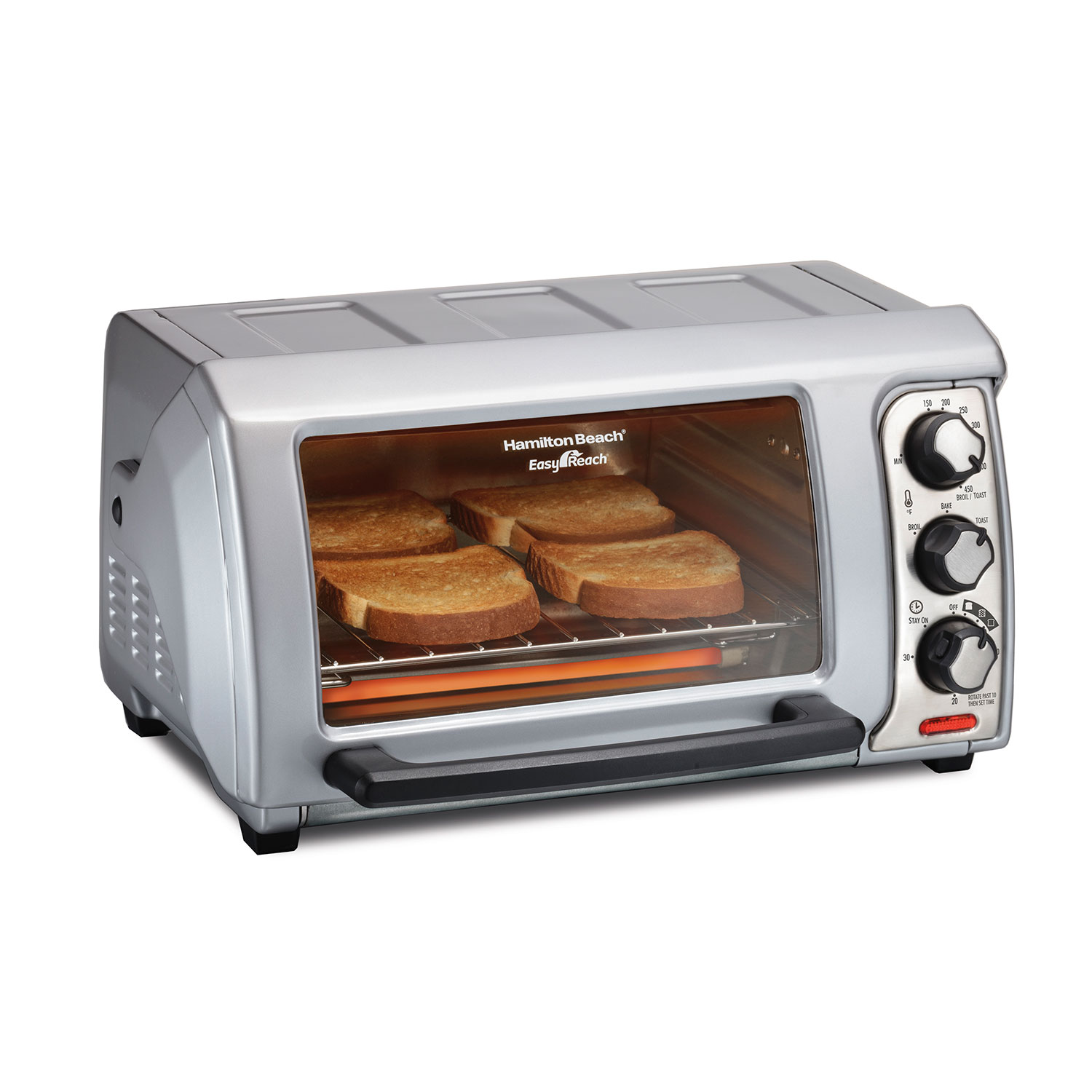 Hamilton Beach Easy Reach toaster oven model 31339 in silver with one glass-front cavity and three manual knobs