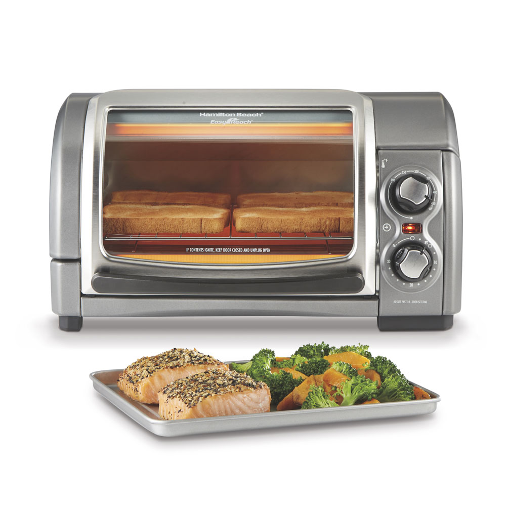 Hamilton Beach Easy Reach 4 Slice Toaster Oven model 31344DA with upward-opening roll-top door and manual controls