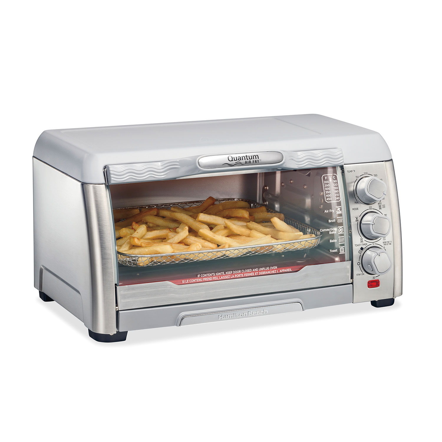 Hamilton Beach Air Fryer Toaster Oven with Quantum Air Fry Technology model 31350G, one silver-look countertop oven with three rotary controls and an air-fry basket inside