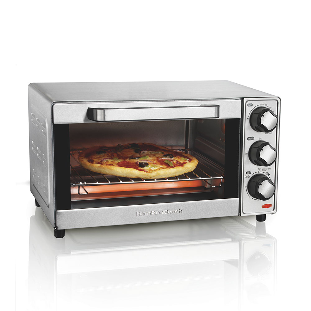 Hamilton Beach 4 Slice Toaster Oven 31401G shown in its exact manufacturer page context: stainless exterior, one glass-door oven cavity, rack and three rotary controls.