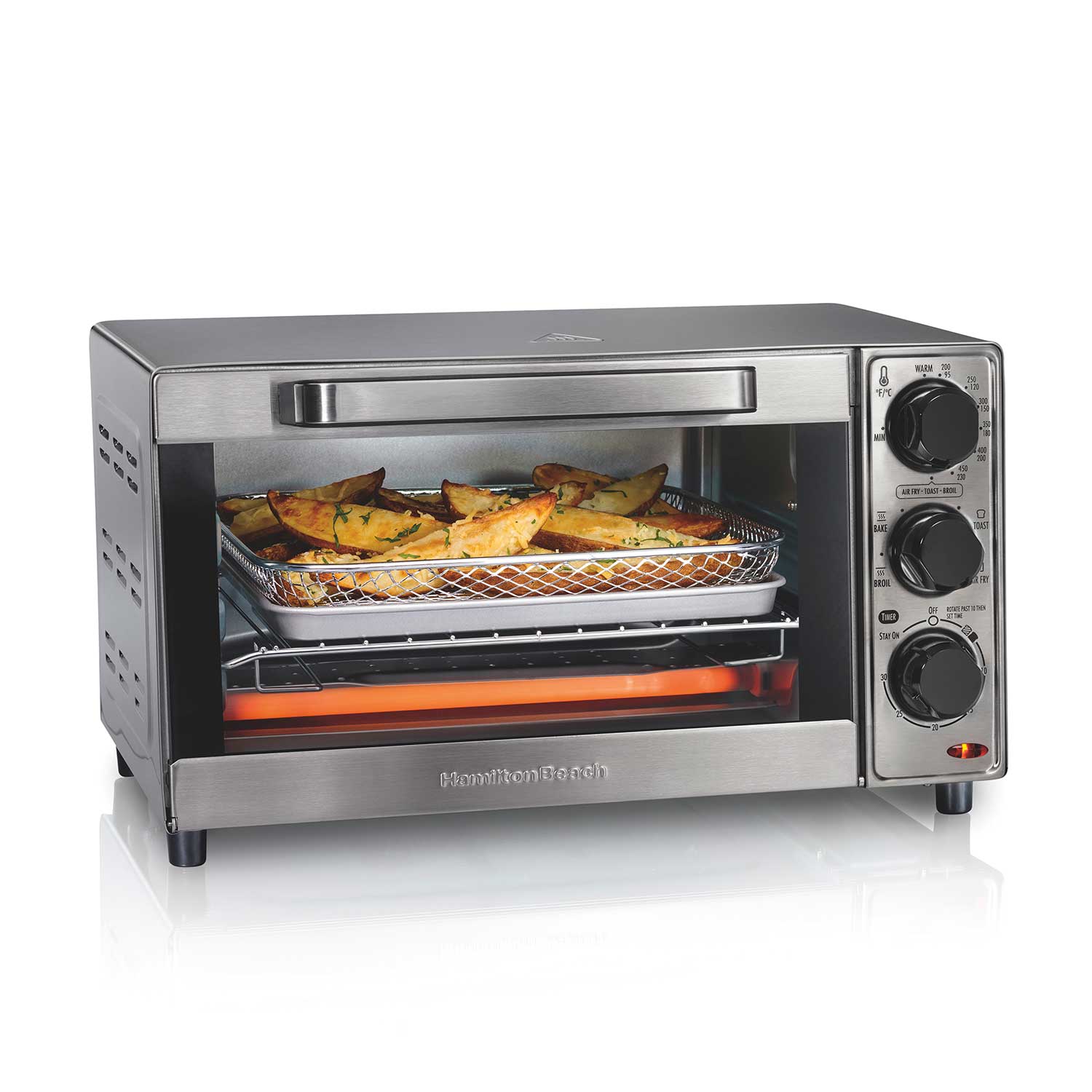 Hamilton Beach 31403J stainless-front compact toaster oven with three manual controls, a mesh air-fry basket and pan in its single cavity