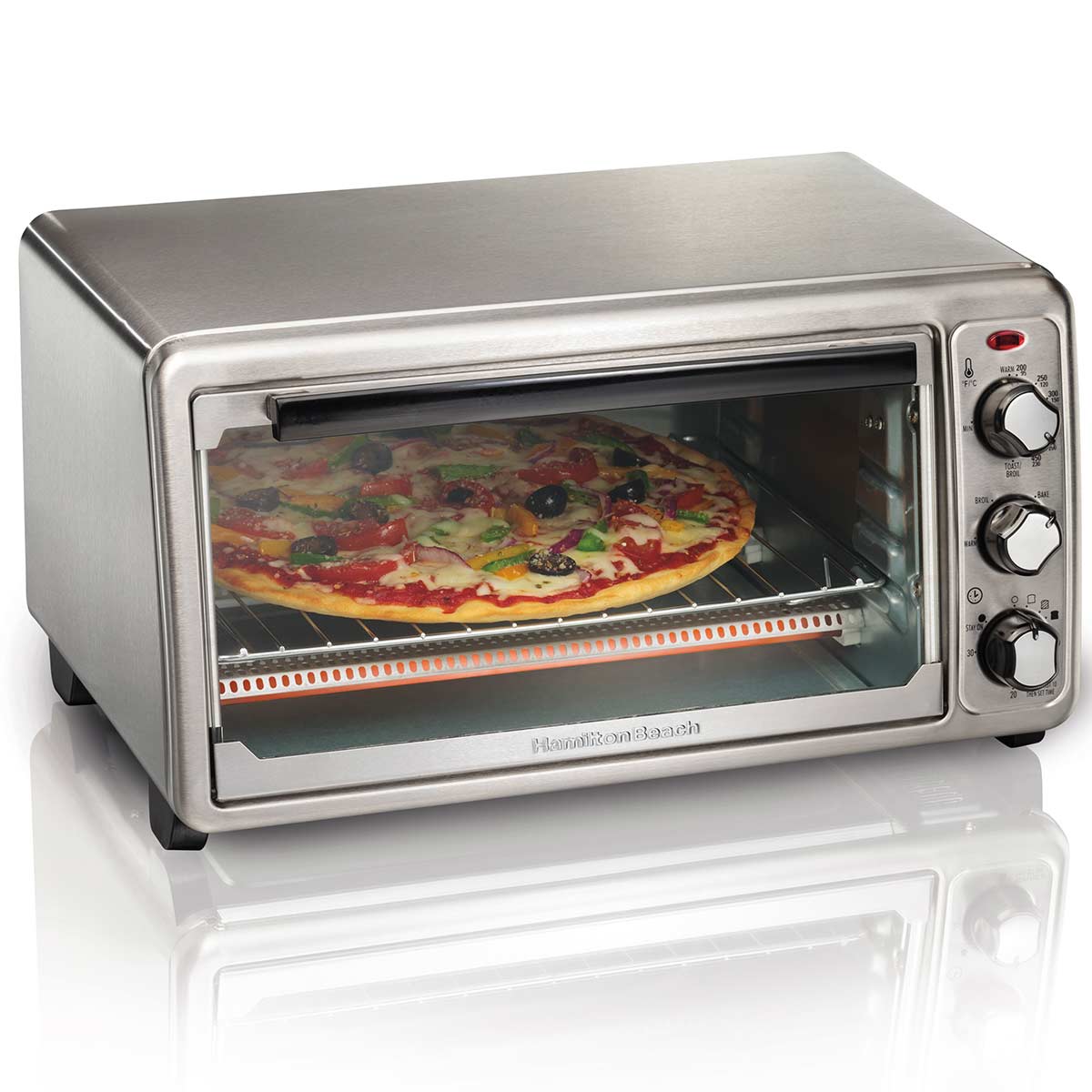 Hamilton Beach Stainless Steel 6 Slice Toaster Oven 31411 with curved glass-front door and three right-side control dials