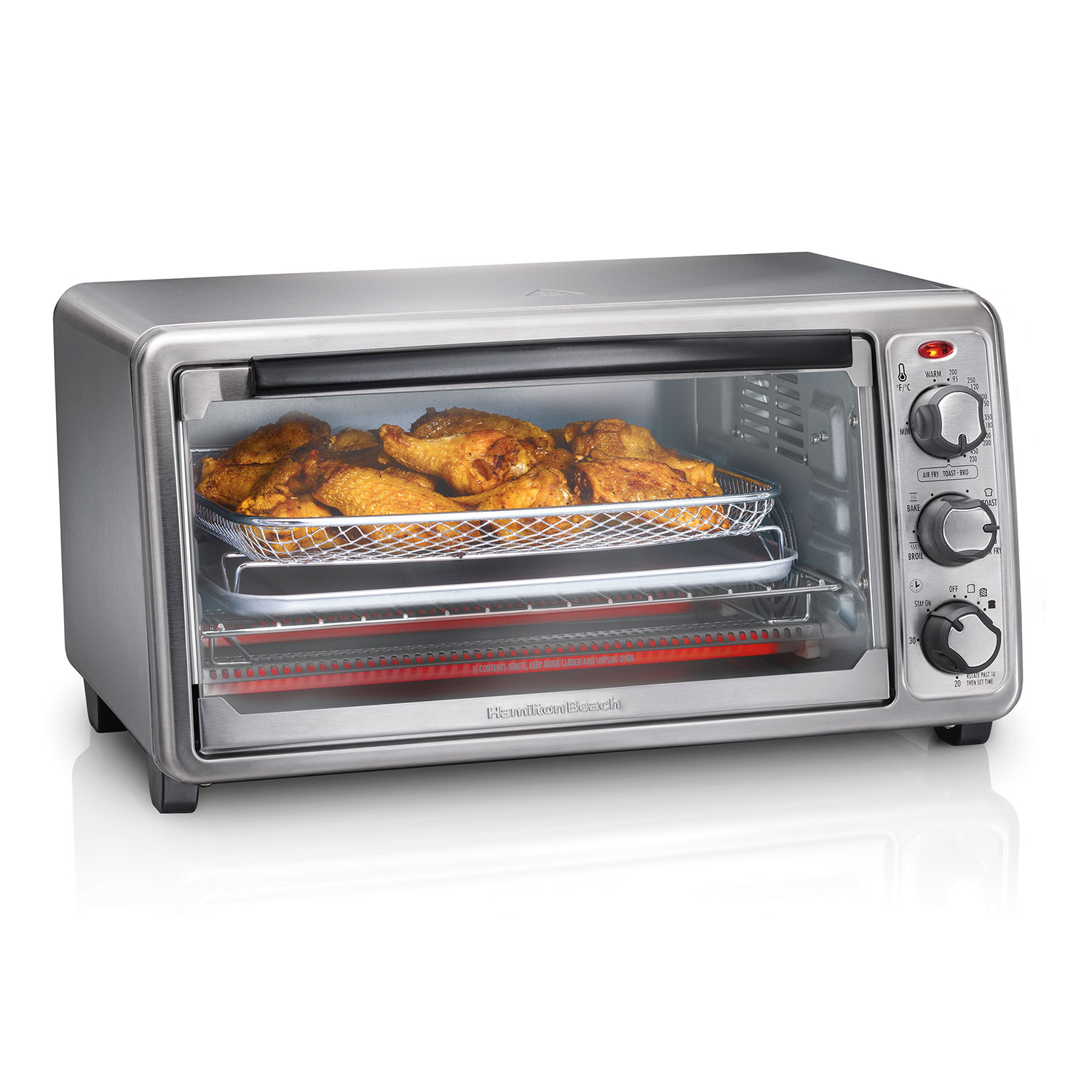Hamilton Beach Sure-Crisp Air Fryer Toaster Oven model 31413, stainless exterior and manual dial controls