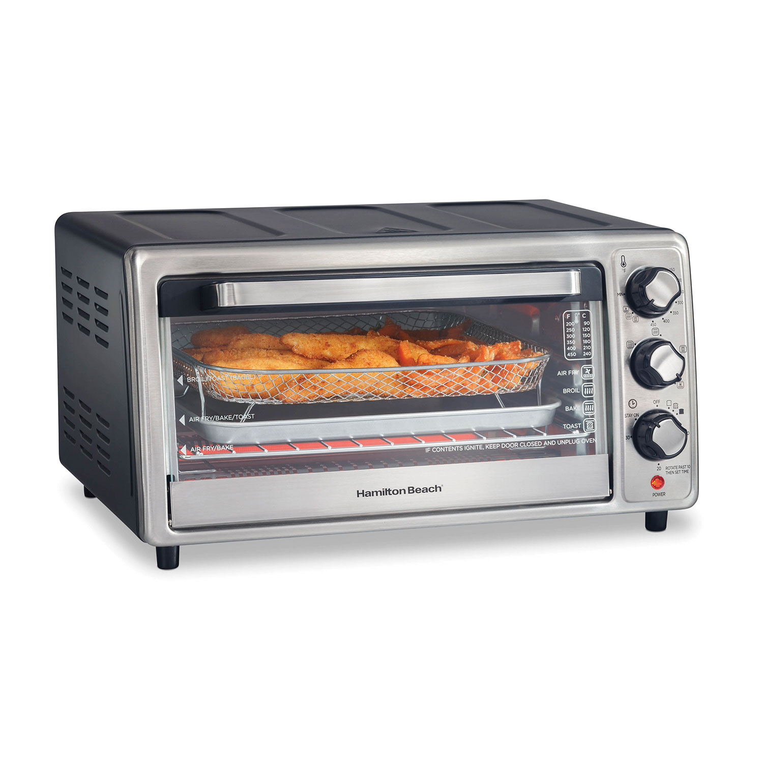 Hamilton Beach Sure-Crisp Air Fryer Countertop Toaster Oven model 31418, silver-fronted single-cavity oven with three control dials, a wire rack, basket and pan