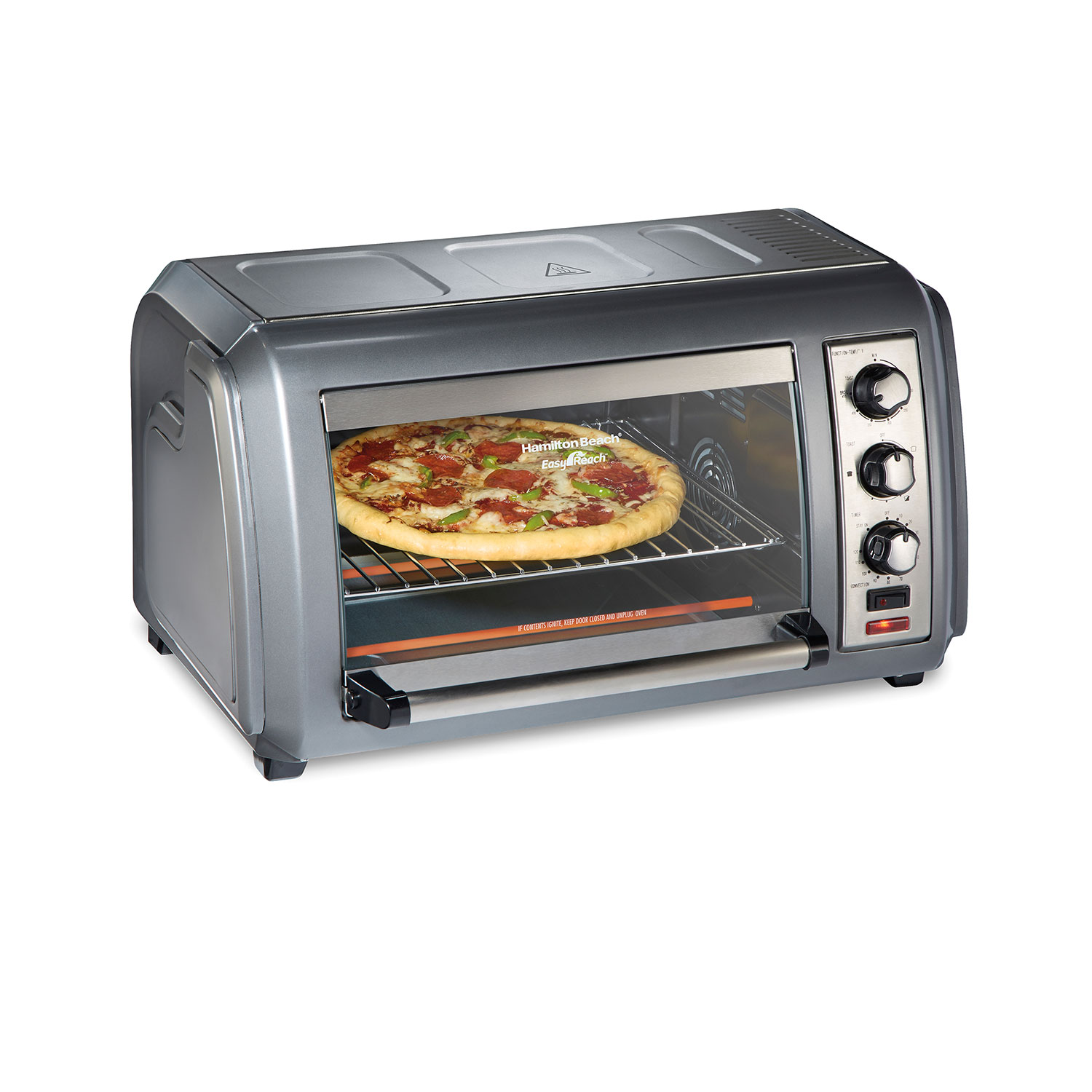 Hamilton Beach Easy Reach 6-Slice Toaster Oven-model 31434 met een oprolbare glazen deur en drie draaiknoppen.