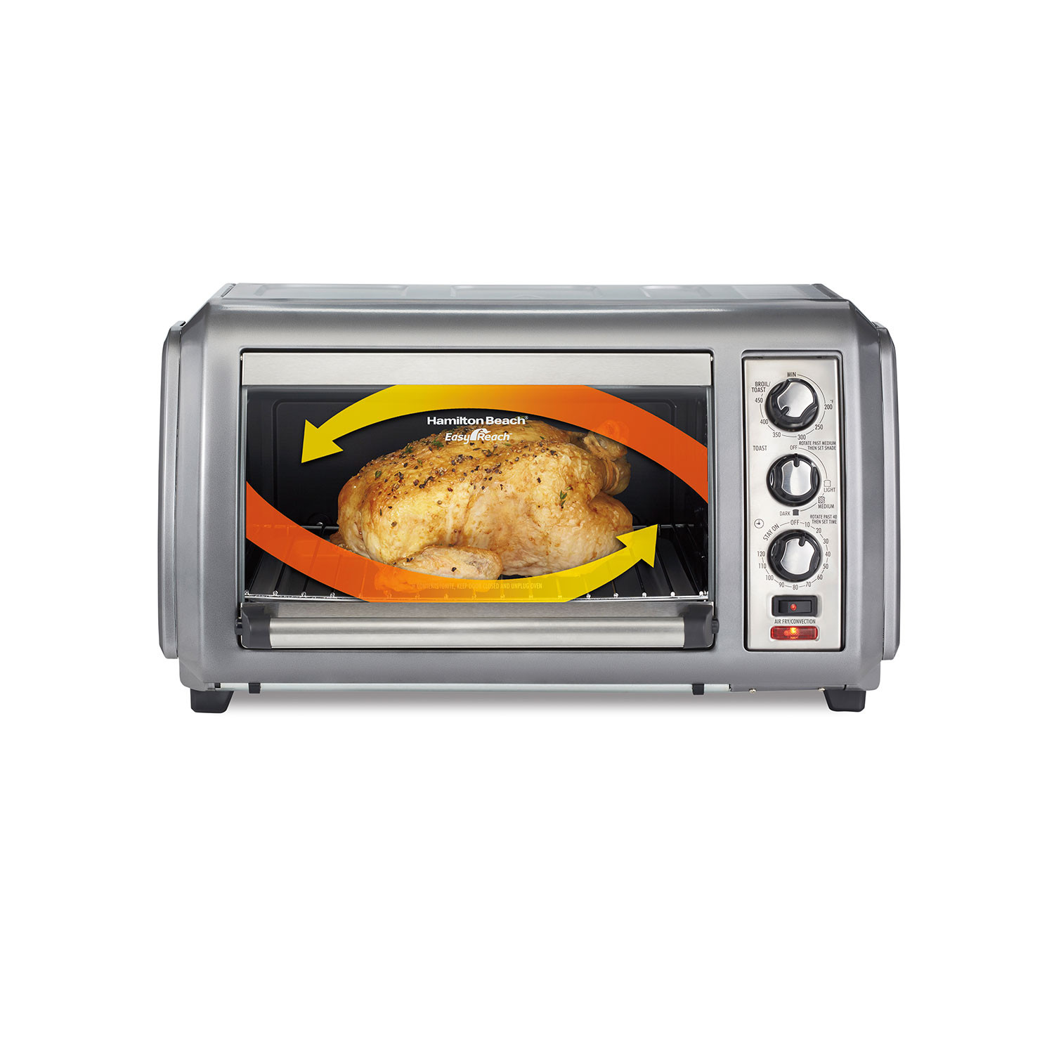 Hamilton Beach Sure-Crisp Air Fryer Countertop Toaster Oven with Easy Reach Door model 31436 in stainless steel; the roll-top door and control panel are visible.