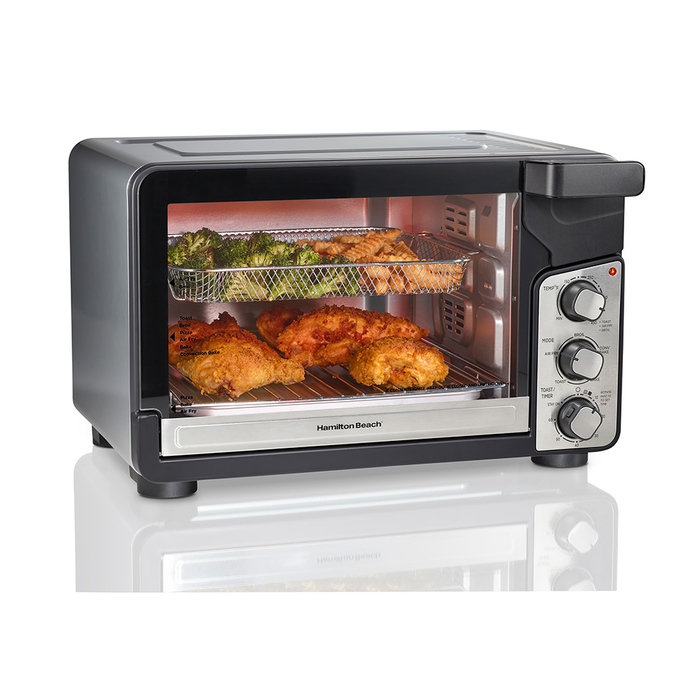 Hamilton Beach 31460 Easy View XL countertop oven with single windowed cavity, right-side three-dial control panel, rack and mesh basket