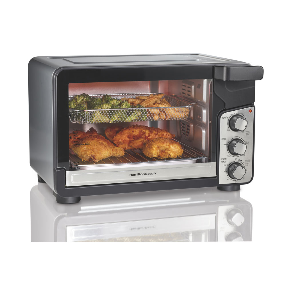 Hamilton Beach Easy View XL 31460J single-cavity toaster oven with three rotary controls, mesh Air Fry basket and rack/pan setup