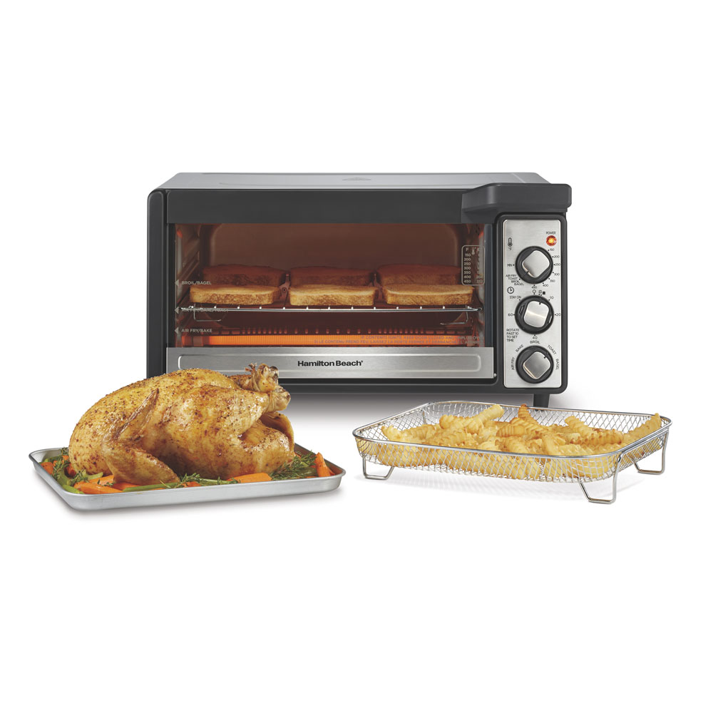 Hamilton Beach 31480 six-slice Sure-Crisp air-fry oven with an Easy-View window, three rotary controls and an air-fry basket