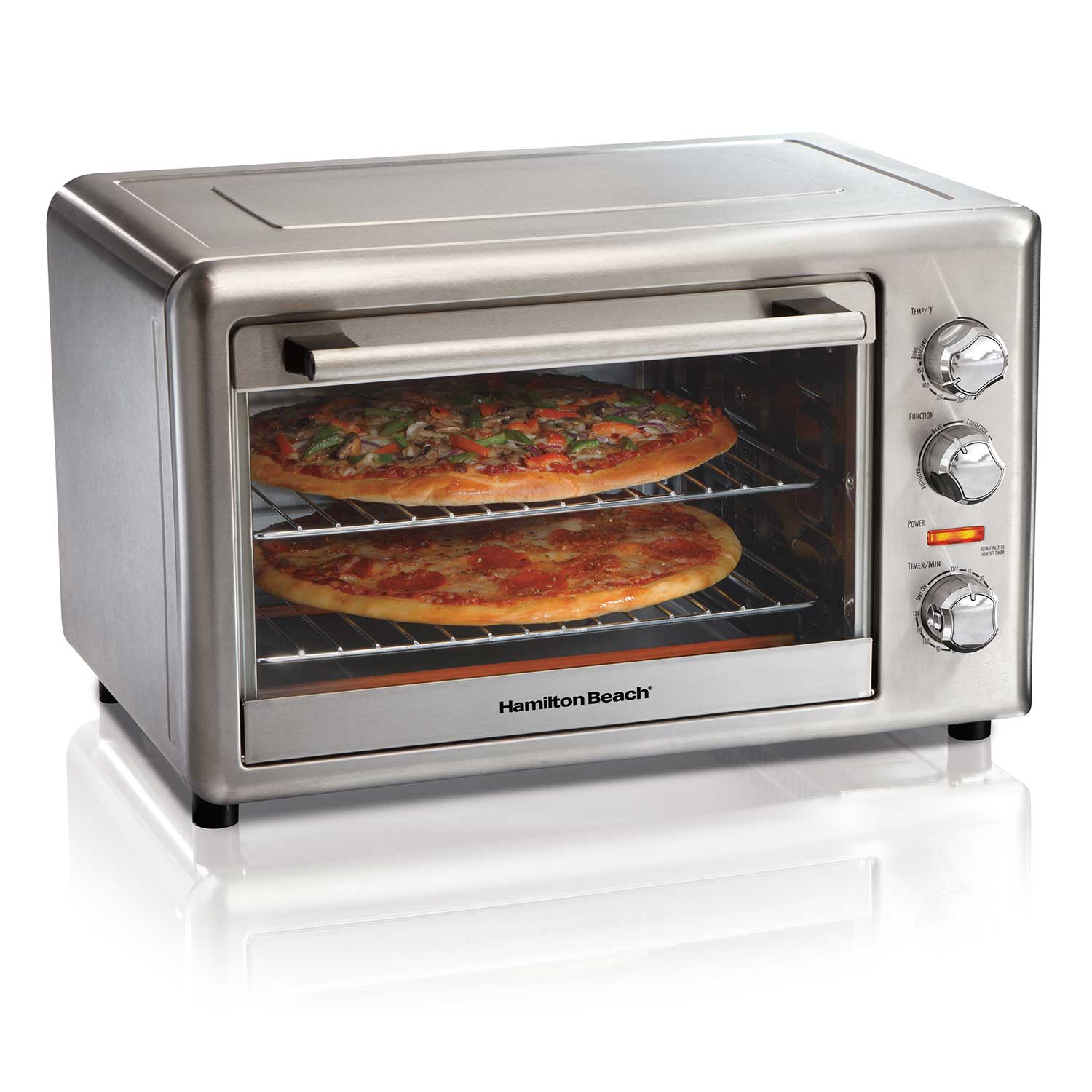 Hamilton Beach countertop oven shown in exact R31103K recertified listing context: wide single glass-door cavity, two rack levels and three rotary controls.