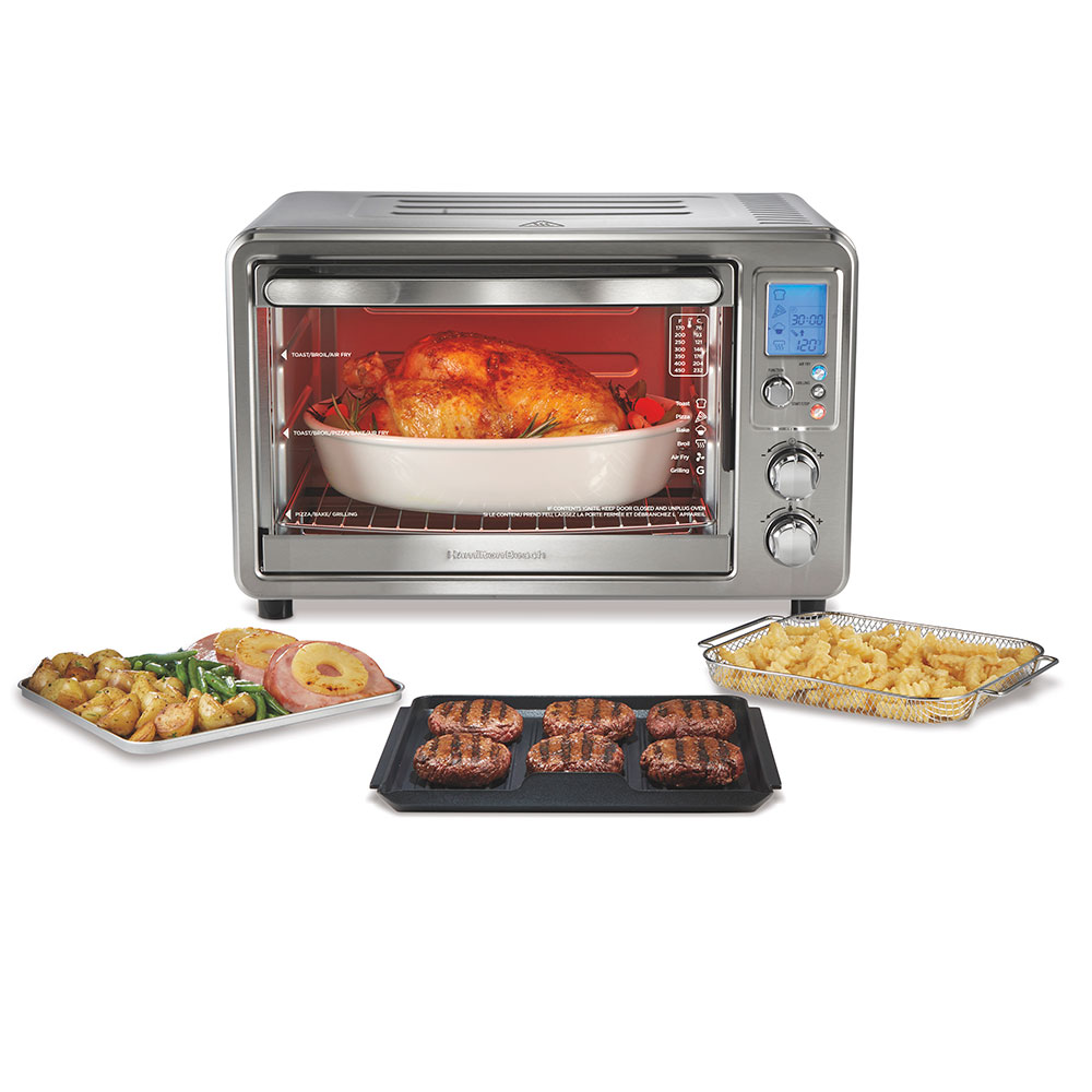 Hamilton Beach R31395 listing artwork: silver Sure-Crisp Air Fry & Grilling Oven with LCD, controls, Air Fry basket, pan and ribbed grill plate