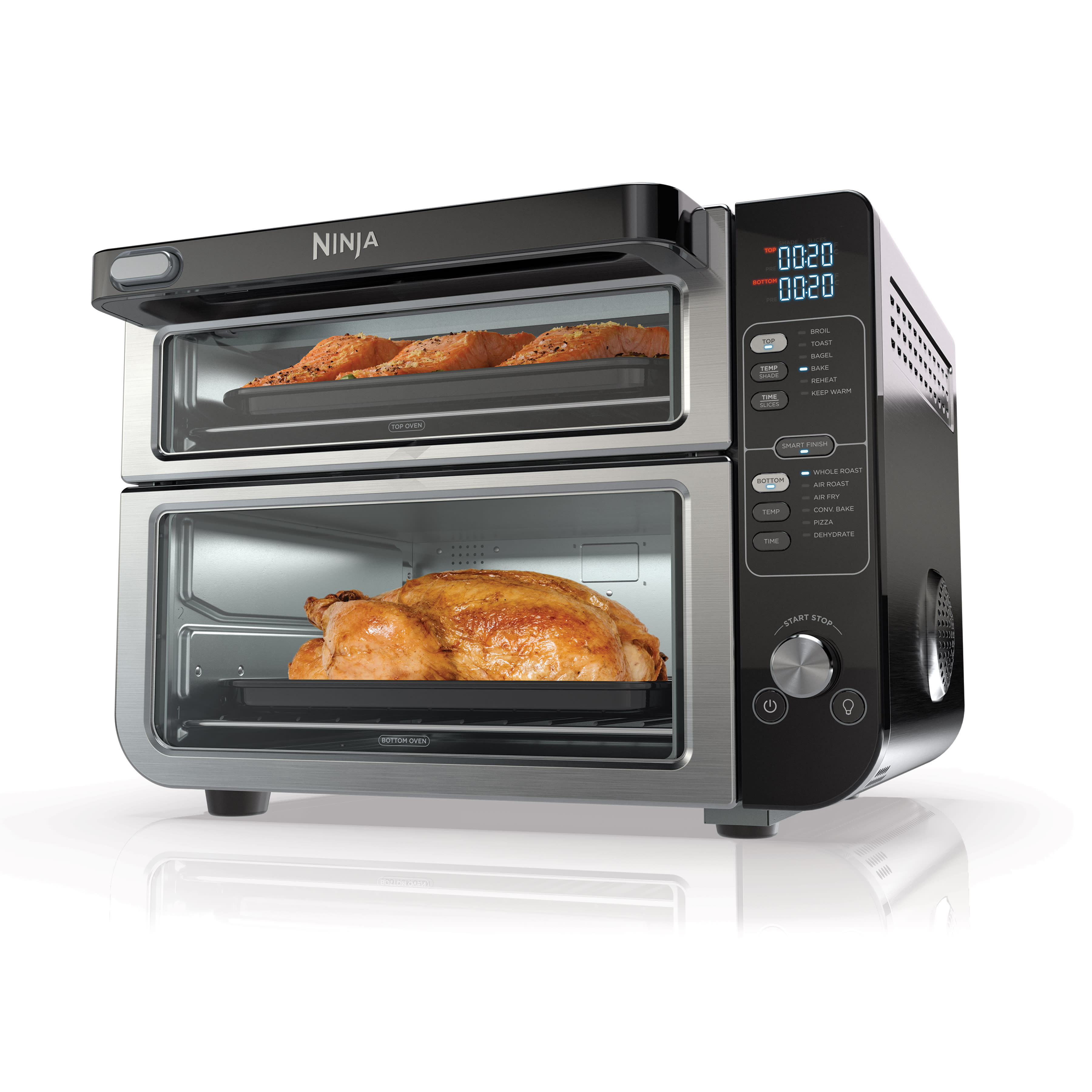 Ninja DCT401 stacked double-oven countertop appliance in stainless and black, with separate top and lower control panels