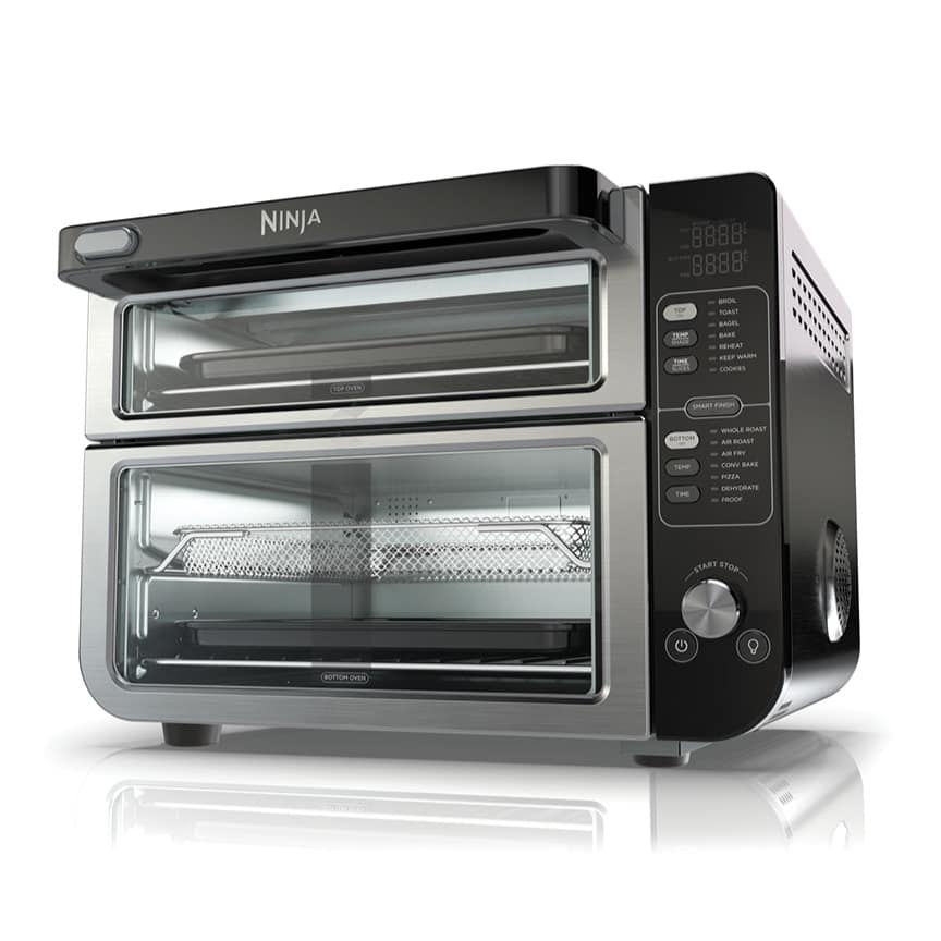 Ninja DCT401CO Double Oven in stainless and black with the exact top and lower mode labels visible in the manufacturer rendering