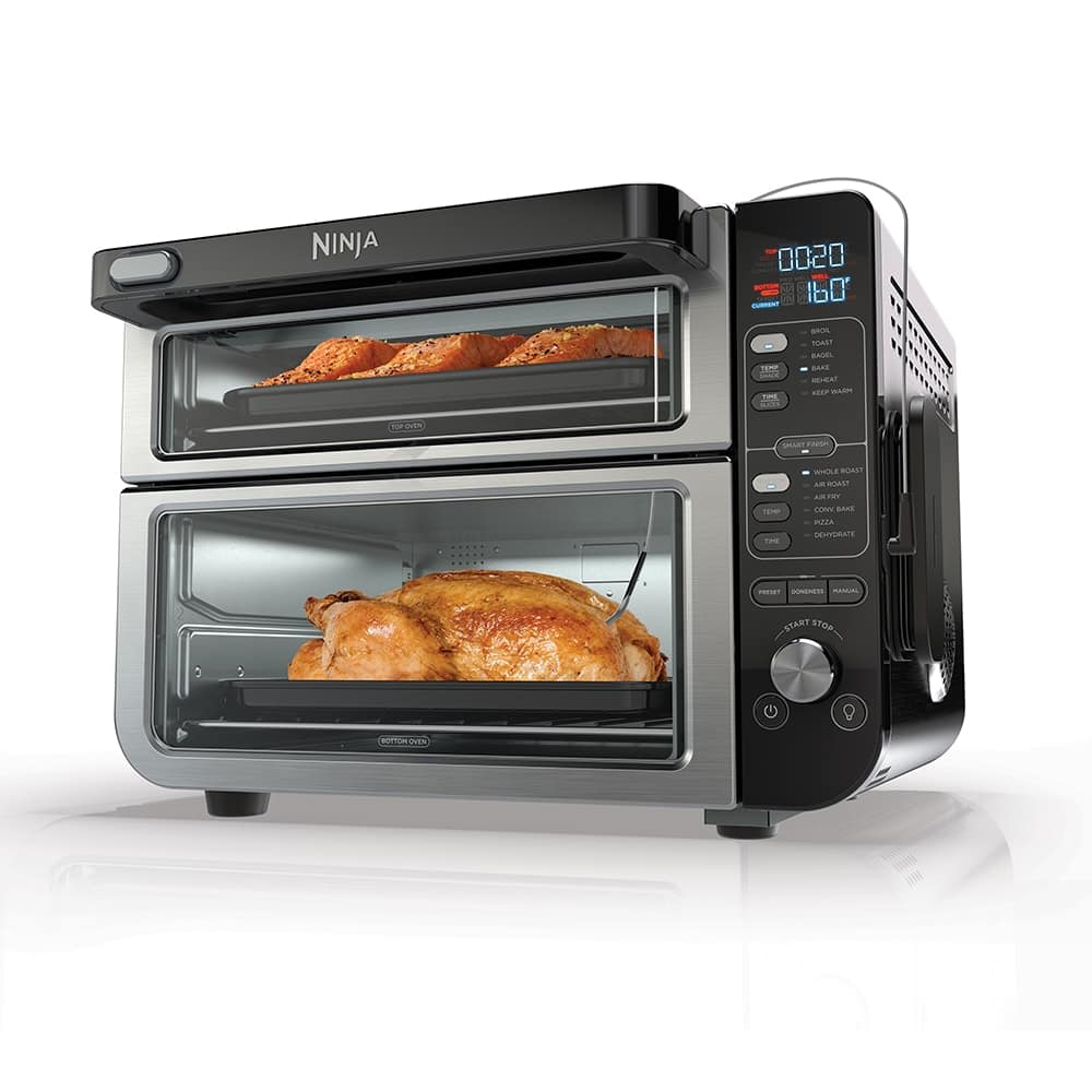 Ninja Foodi Double Oven DCT451 in stainless and black with two separate oven chambers and wired Foodi thermometer, manufacturer product image