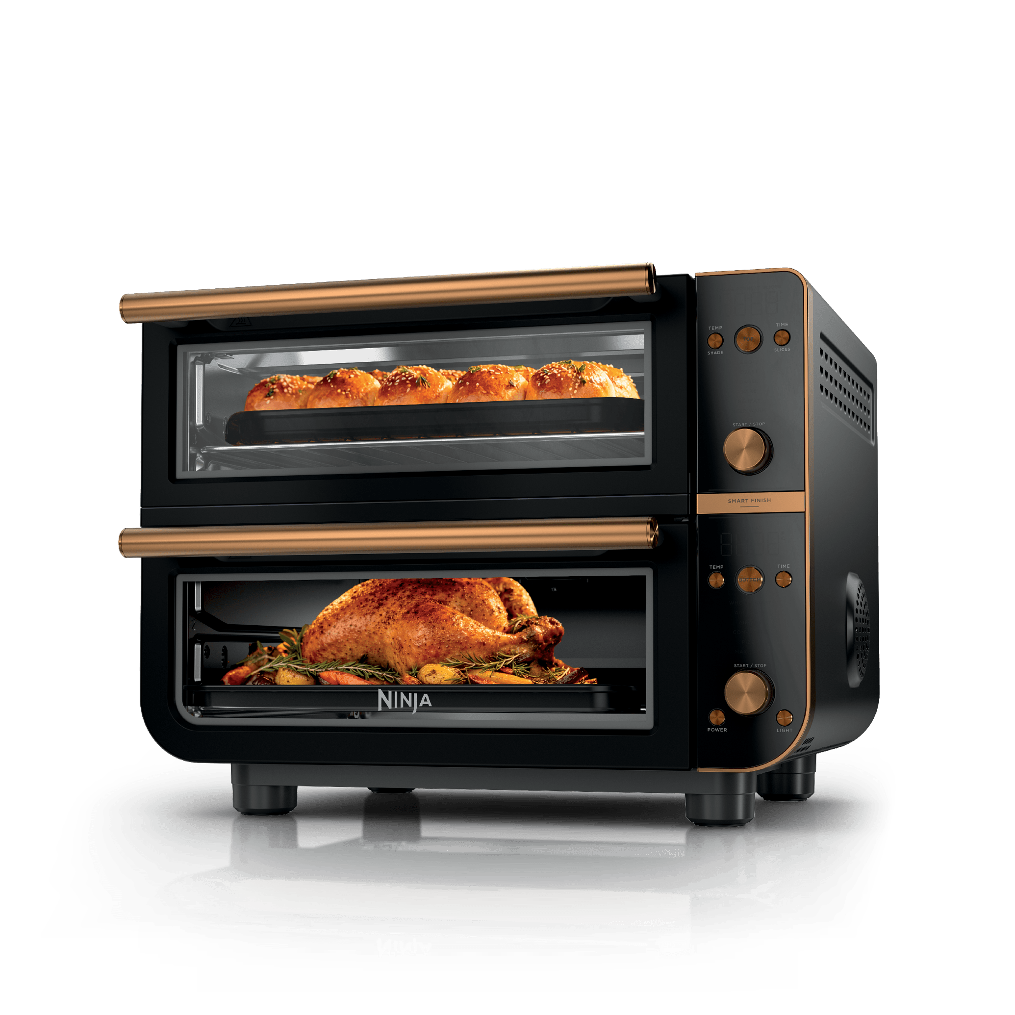 Ninja Double Oven Pro Smart XL DCT801BK in Onyx with copper-color handles and controls, manufacturer product-gallery rendering