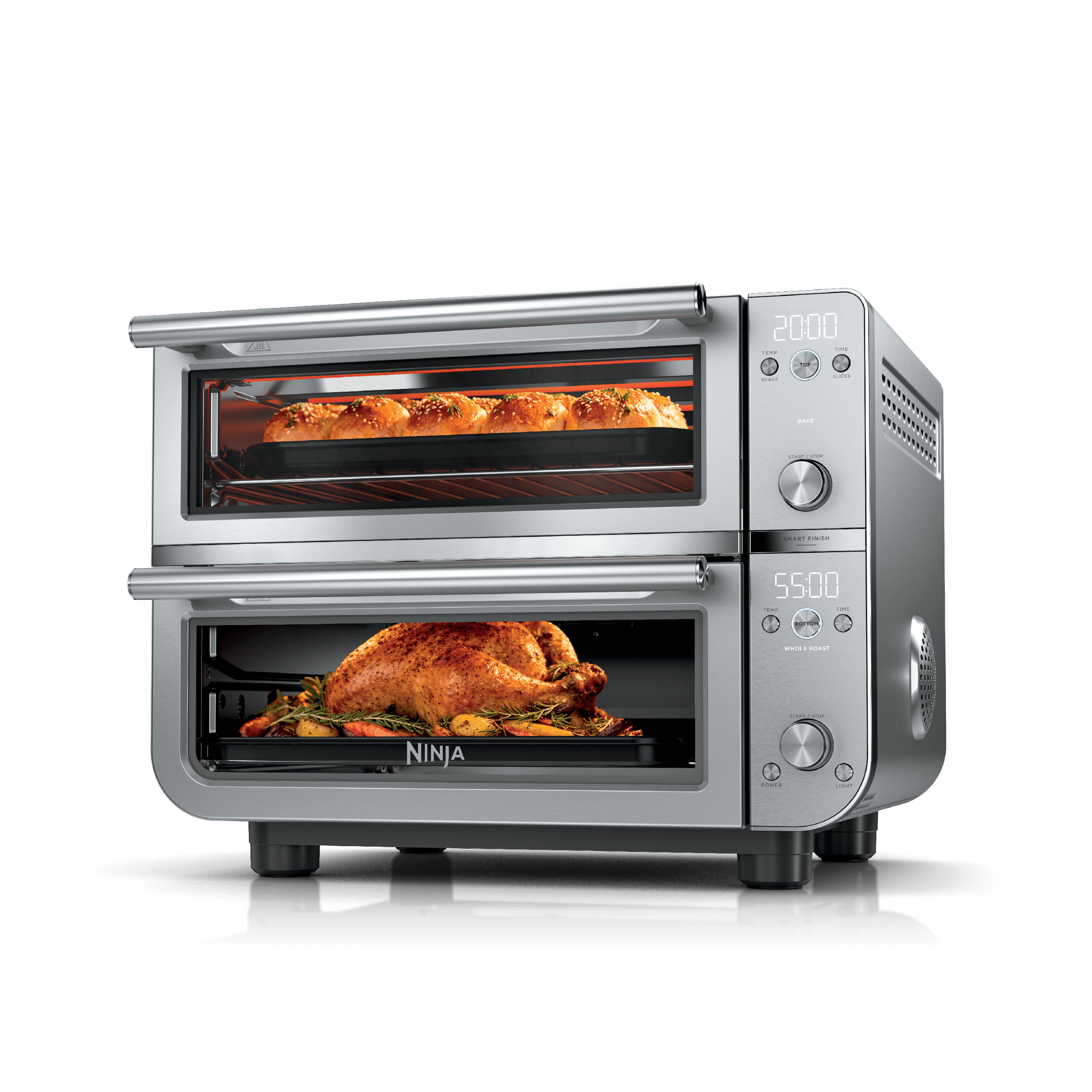 Ninja DCT821 Double Oven Smart Countertop Oven in Stainless Steel, shown in a manufacturer studio rendering