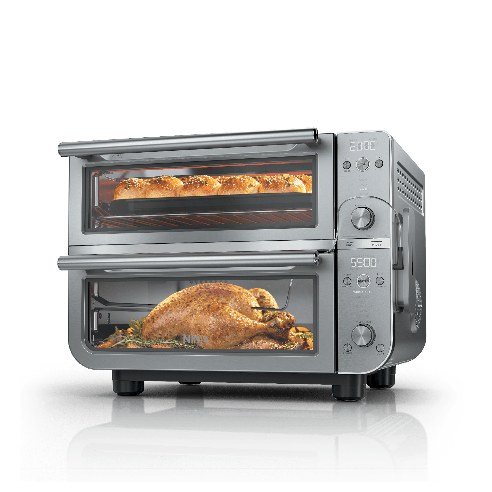 Ninja Double Oven Pro Cook DCT871 in silver with wired Pro Cook probe and two separate oven compartments, manufacturer product-gallery rendering