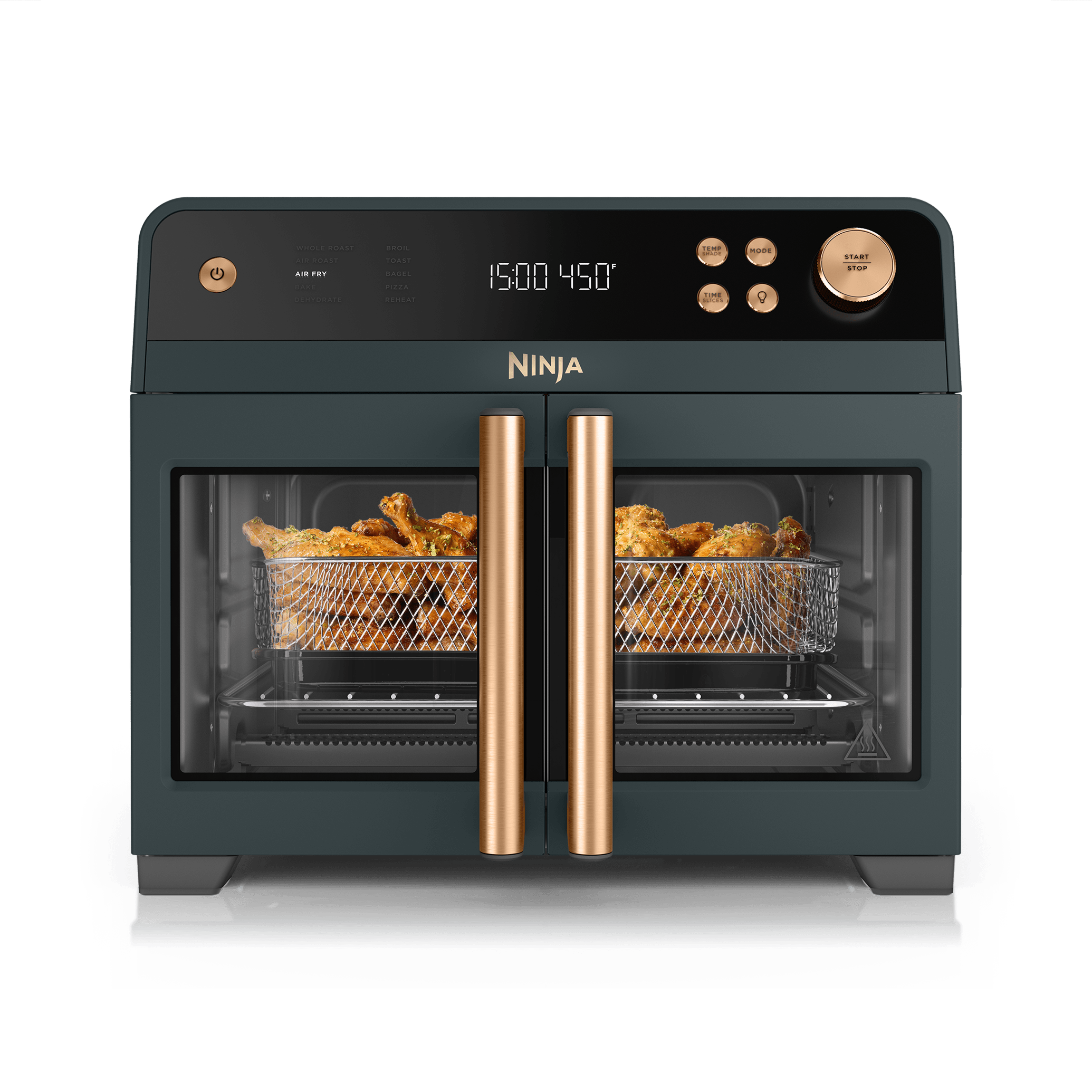 Ninja FO101GN2 French Door Premier countertop oven in Golden Pine with paired doors and a staged air-fry basket