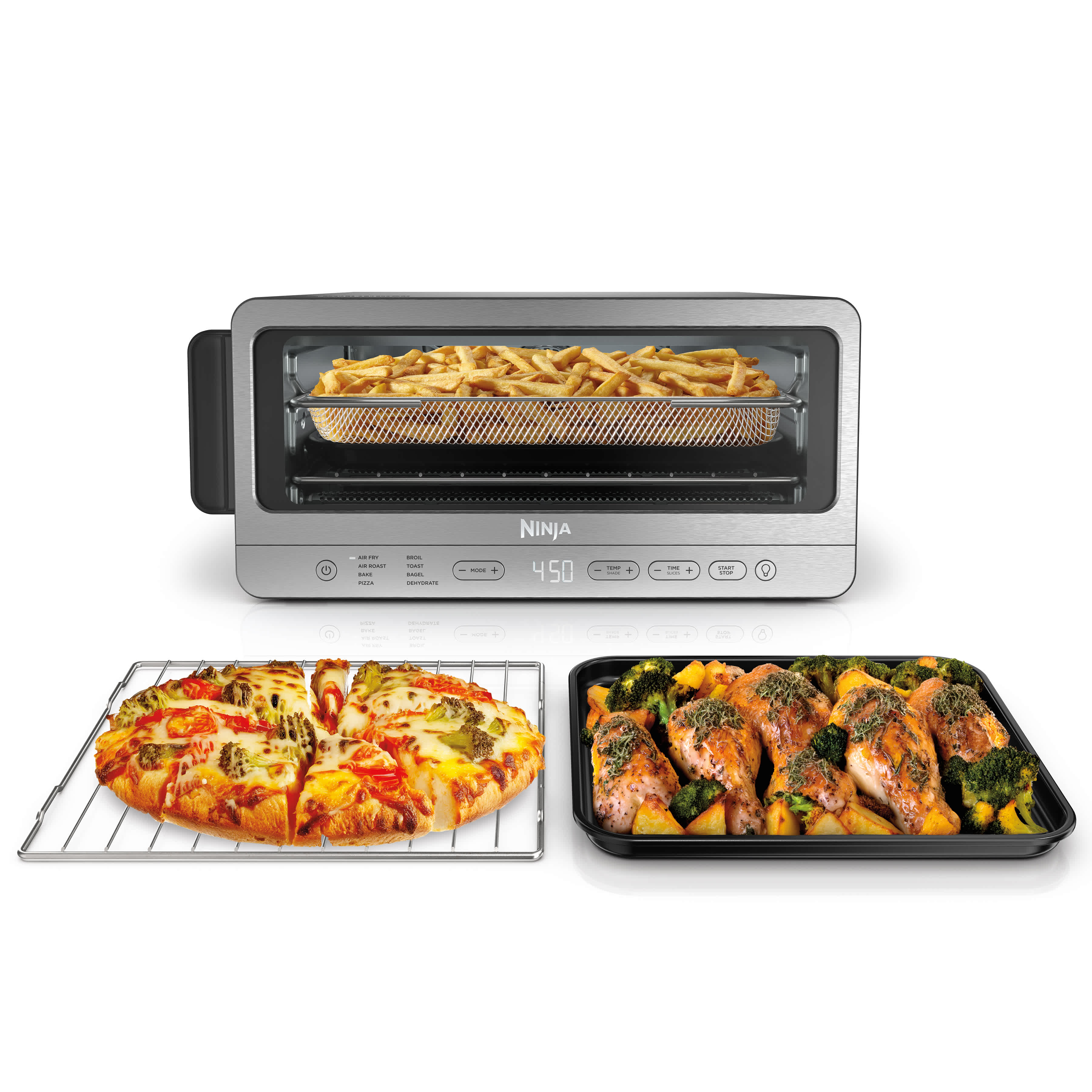 Ninja SP151 stainless flip toaster oven in horizontal cooking position with air-fry basket and wire rack