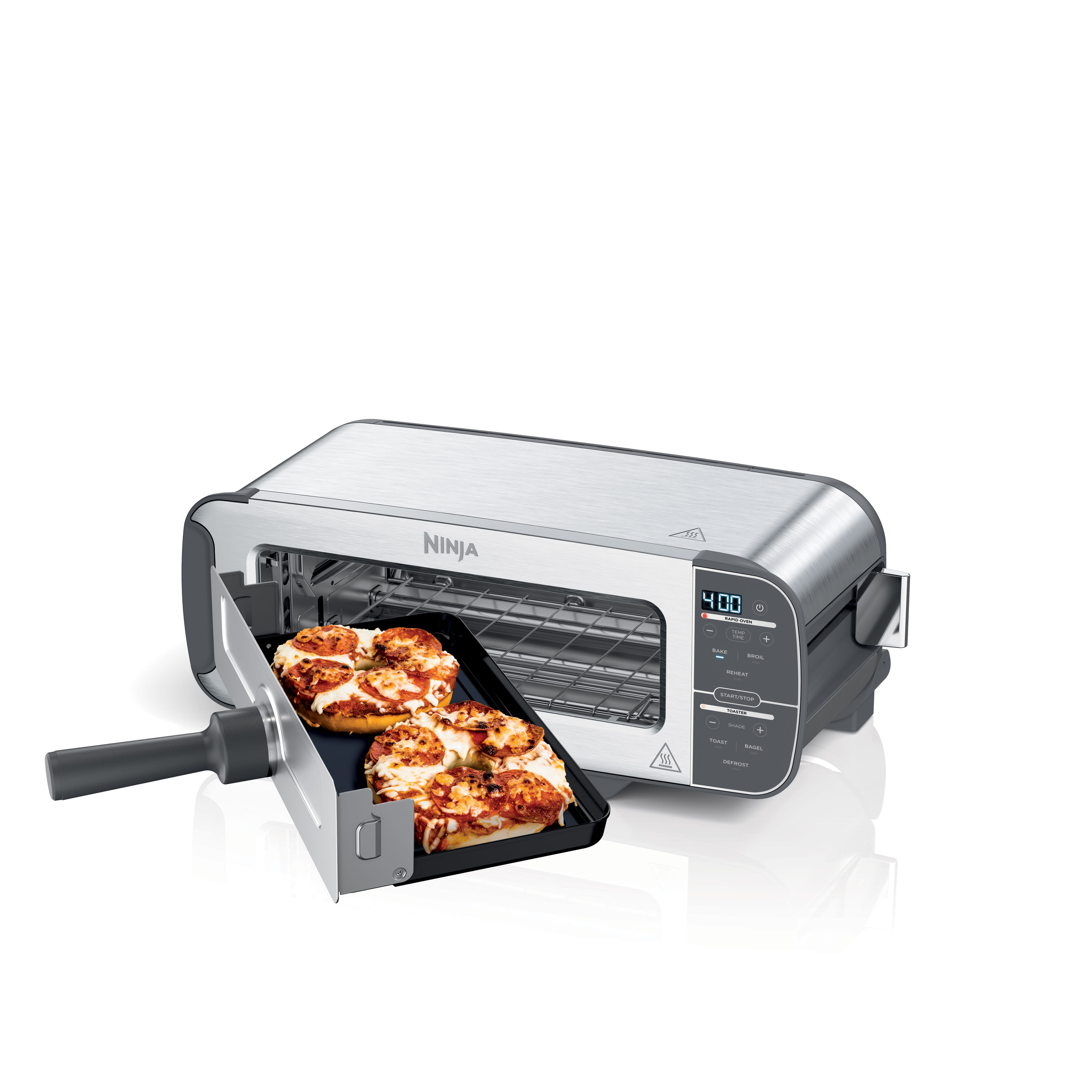Ninja Foodi ST101 stainless flip toaster in its horizontal tray-oven position with the bake tray partly drawn out