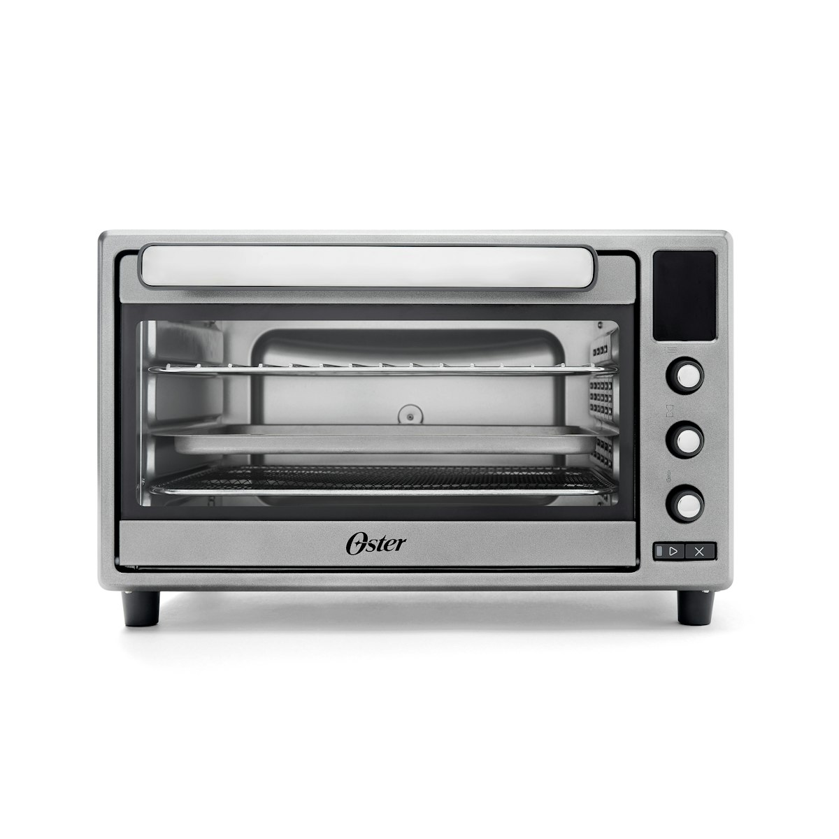 Oster SAP_2210052 listing image, stainless single-cavity drop-down oven with digital display and right-side controls