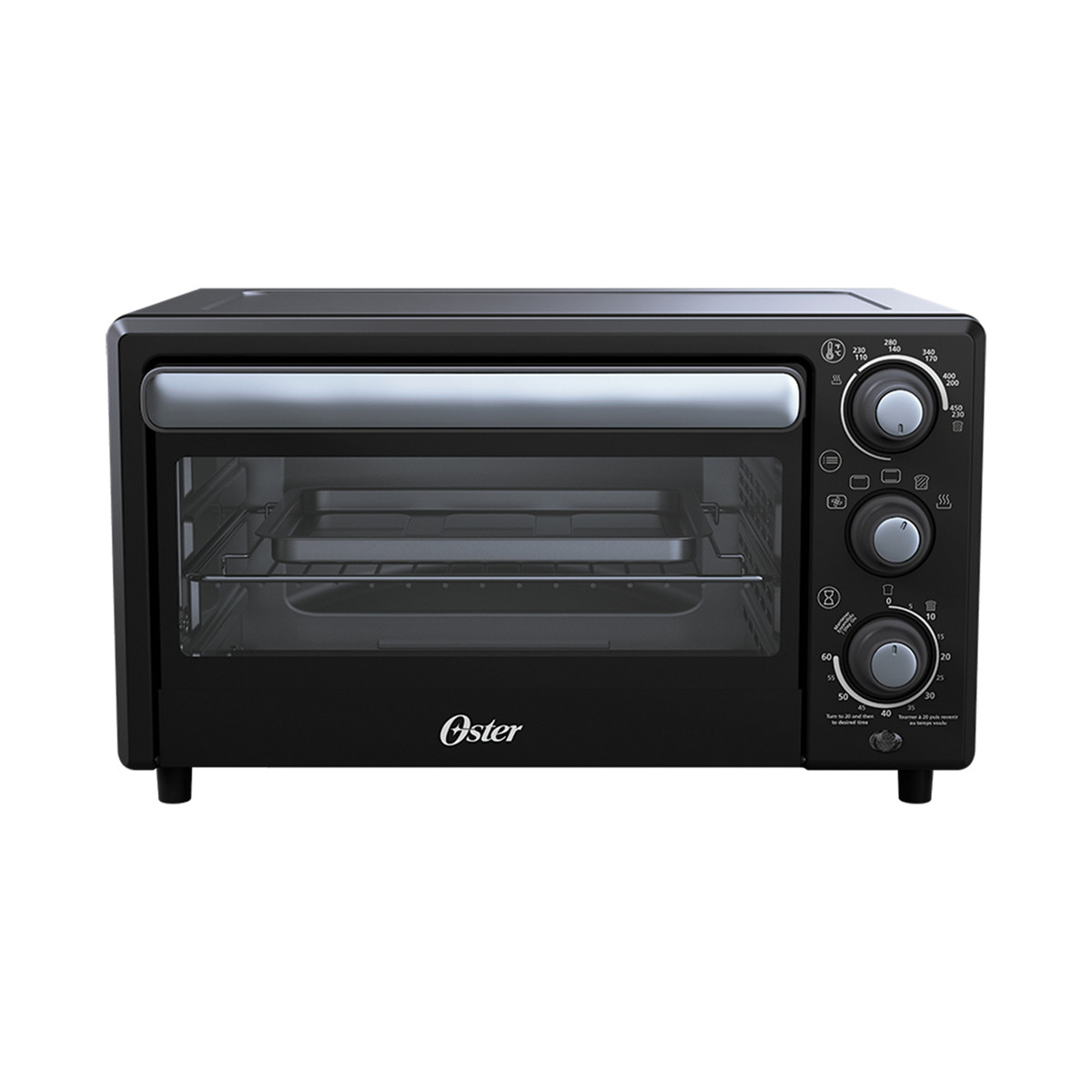 Oster Compact Air Fryer Oven listing image: black single-cavity drop-down oven with three manual control knobs on the right