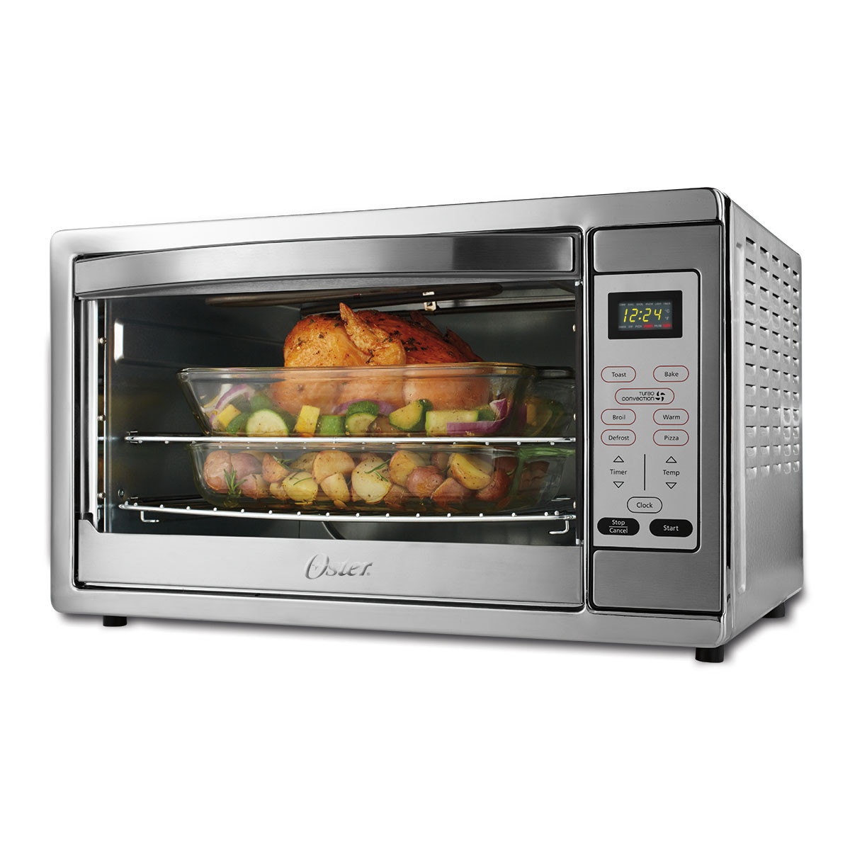 Oster TSSTTVDGXL extra-large digital countertop oven with a single drop-down glass door, digital controls at right and two rack levels