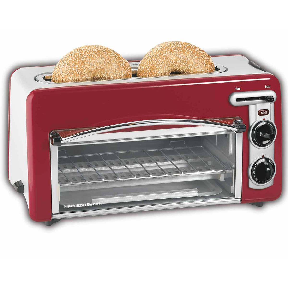 Hamilton Beach Toastation 22703H in red, with a two-slice bread slot above an oven cavity